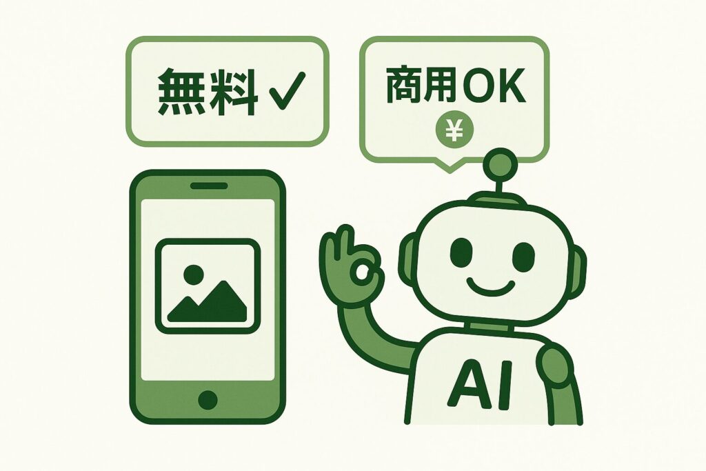 スマホ画面に画像アイコン、OKサインをするAIロボット、“無料”と“商用OK”の吹き出しが添えられたイラスト