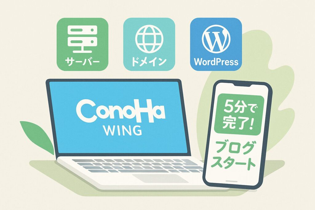ConoHa WINGの登録イメージ:サーバー契約からWordPress開始までの流れを表した図