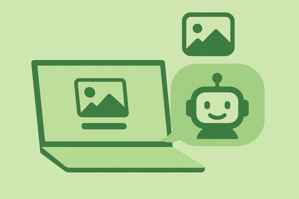AIとパソコンをモチーフにしたイラスト。画像生成とブログ制作を表現したアイコン風デザイン