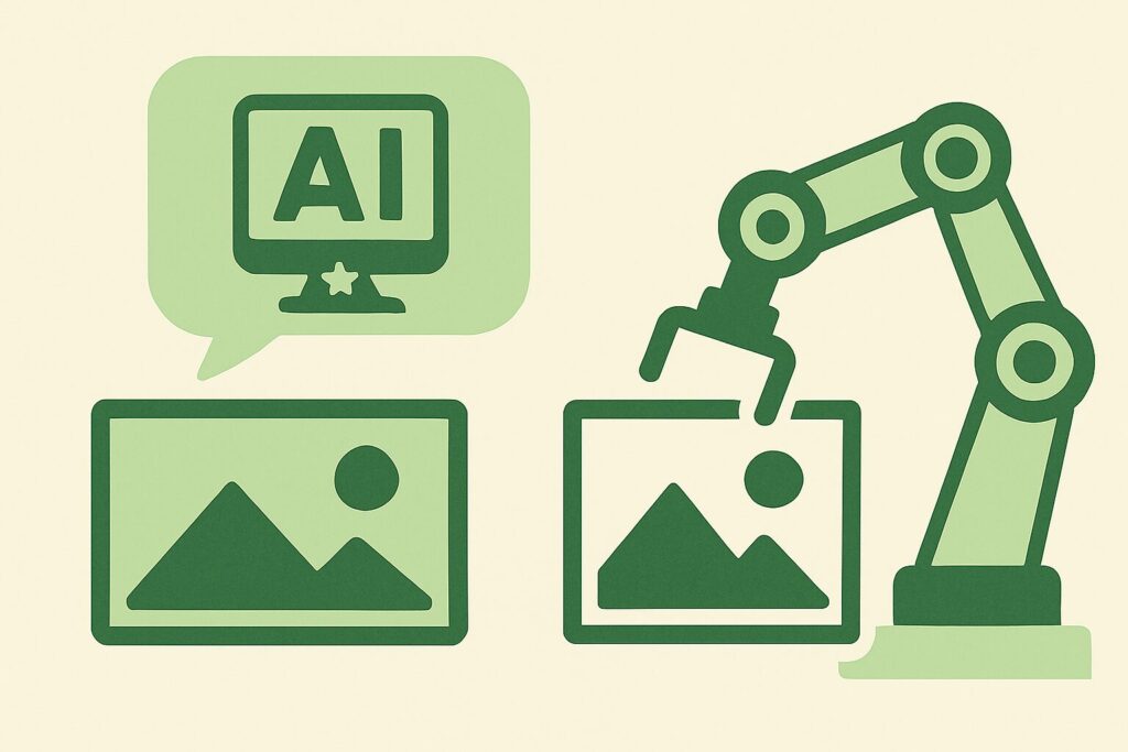 AIがロボットアームで画像を生成しているイラスト。ブログ用素材の自動作成を表現