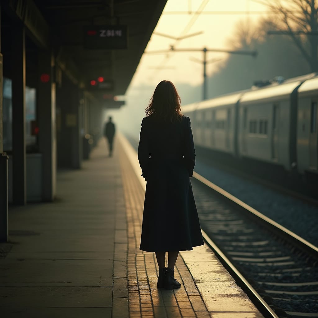 駅のホームで電車を待つ女性の後ろ姿。朝の光が差し込み、少し切なさを感じる風景