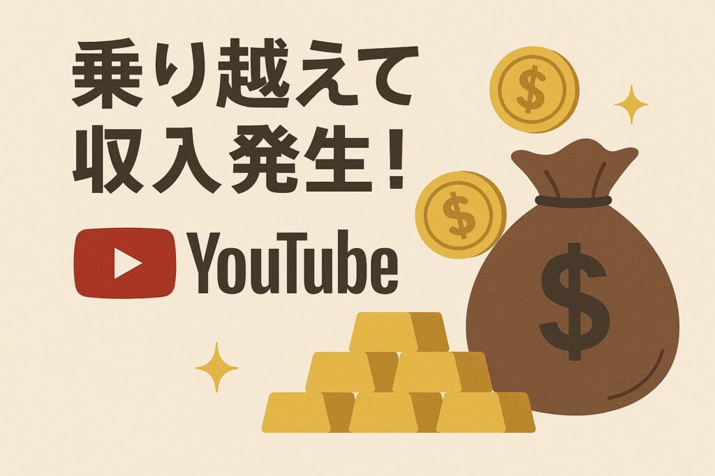 「乗り越えて収入発生!」の文字とともに、YouTubeロゴ、金貨、ドル袋、金塊が描かれたイラスト