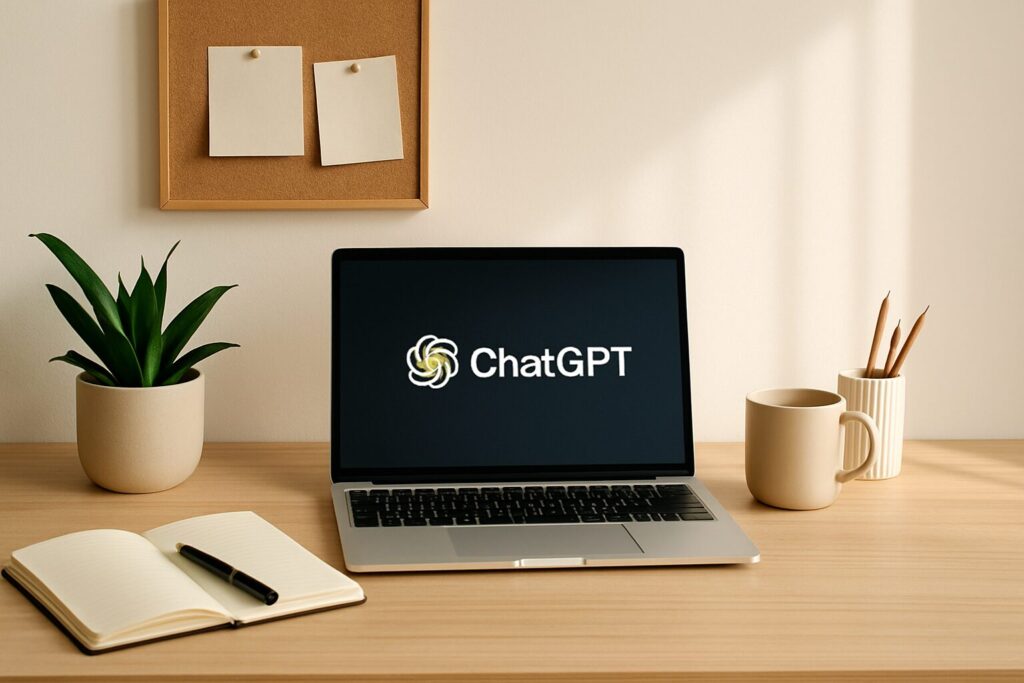ChatGPTのロゴが映るノートパソコンと観葉植物、文房具が並んだシンプルなデスクの画像