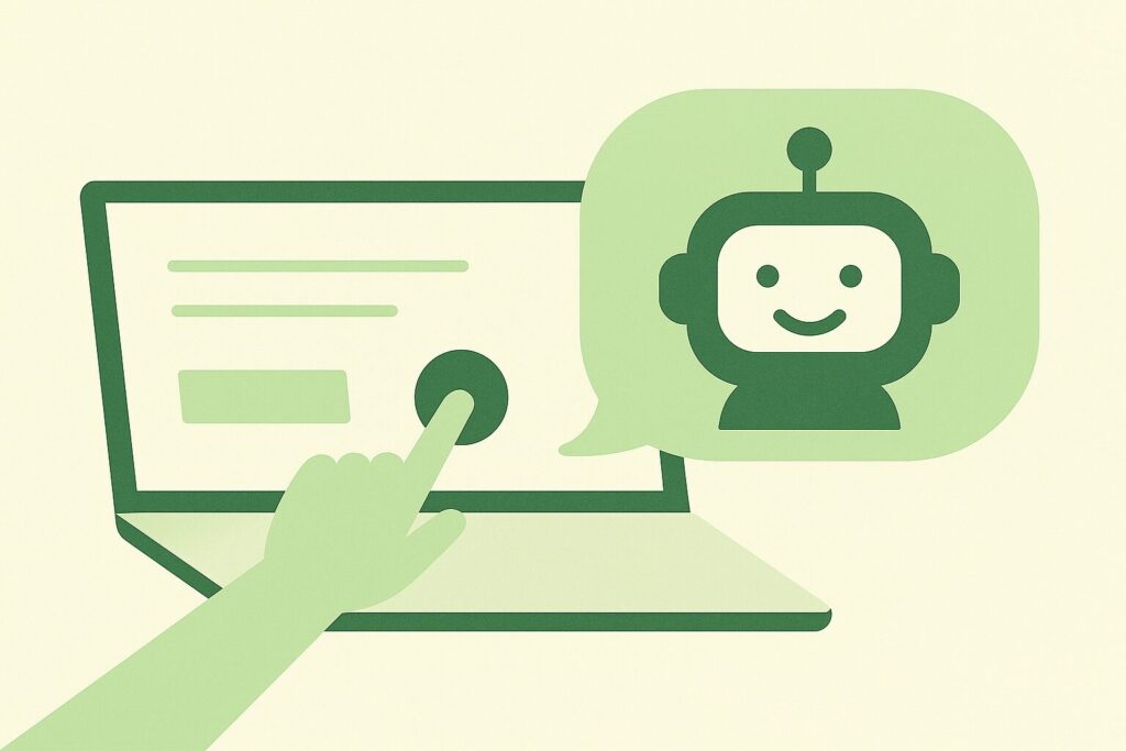 「パソコン画面を指で操作する様子と、ChatGPTのロボットアイコンのイラスト」