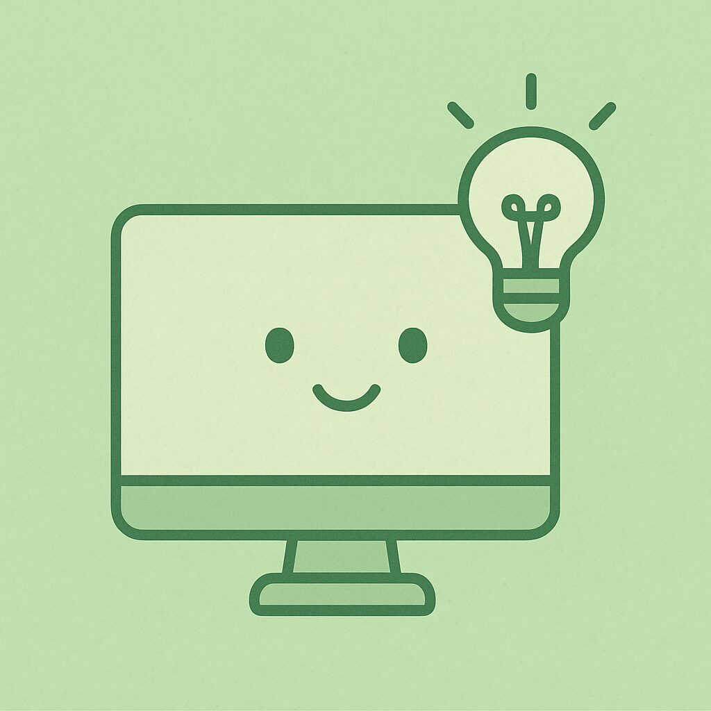 笑顔のモニターと電球が描かれた、アイデアを象徴するシンプルなイラスト