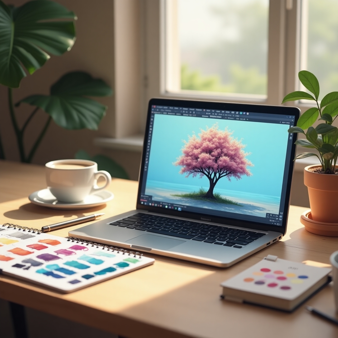 ノートパソコンの画面にピンク色の木の画像が表示されている。コーヒーと観葉植物が並ぶデスク