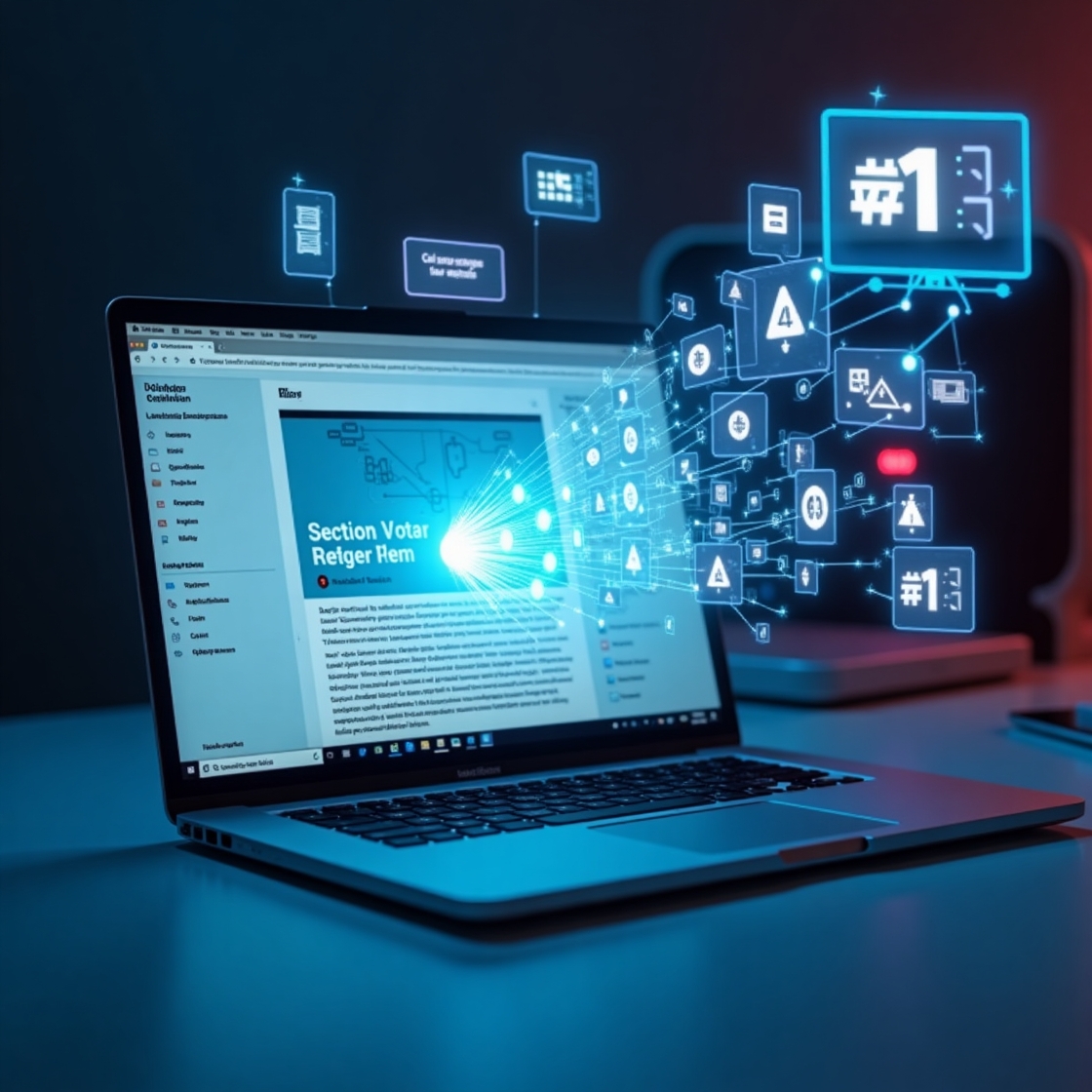 画面にコードとAIアイコンが表示された近未来的なPC画面