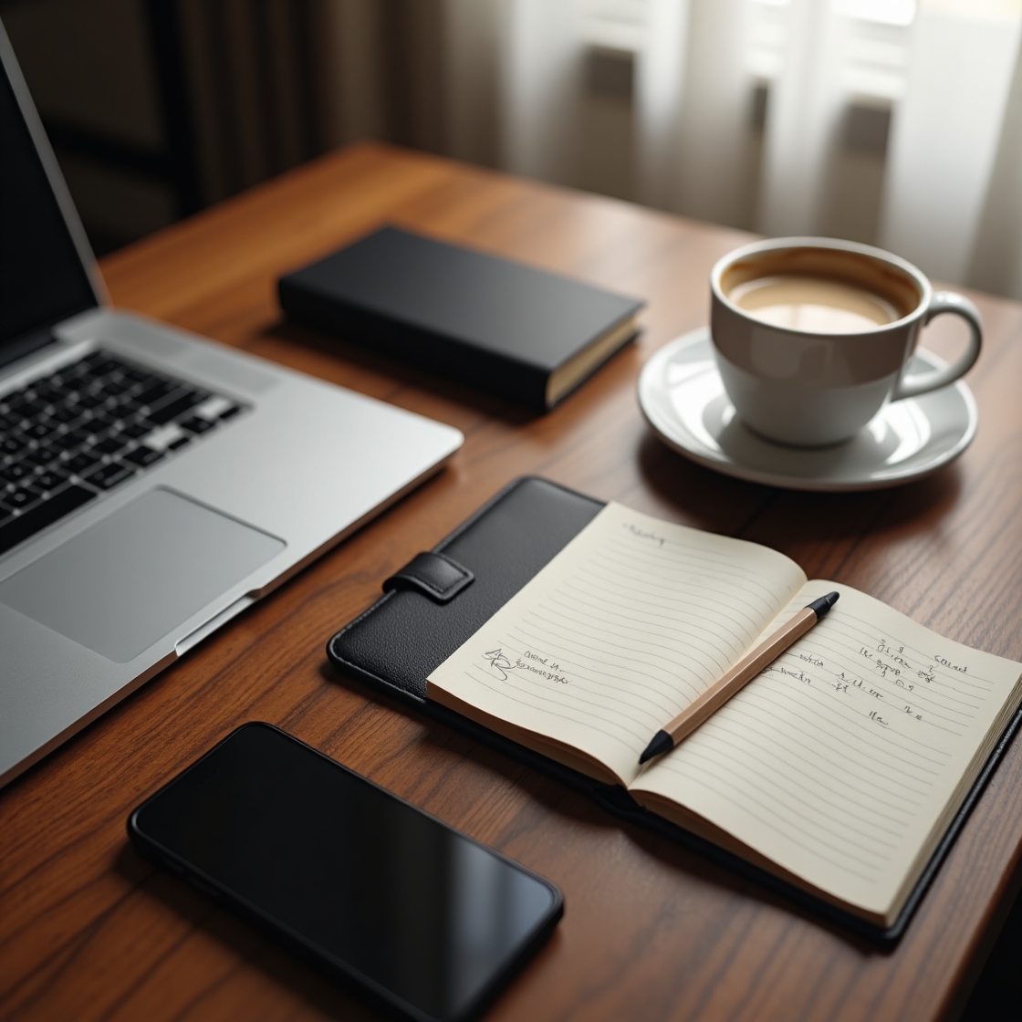 木製デスクの上にノートパソコン、手帳、スマートフォン、そしてコーヒーカップが整然と並ぶ、シンプルでおしゃれなワークスペースの風景
