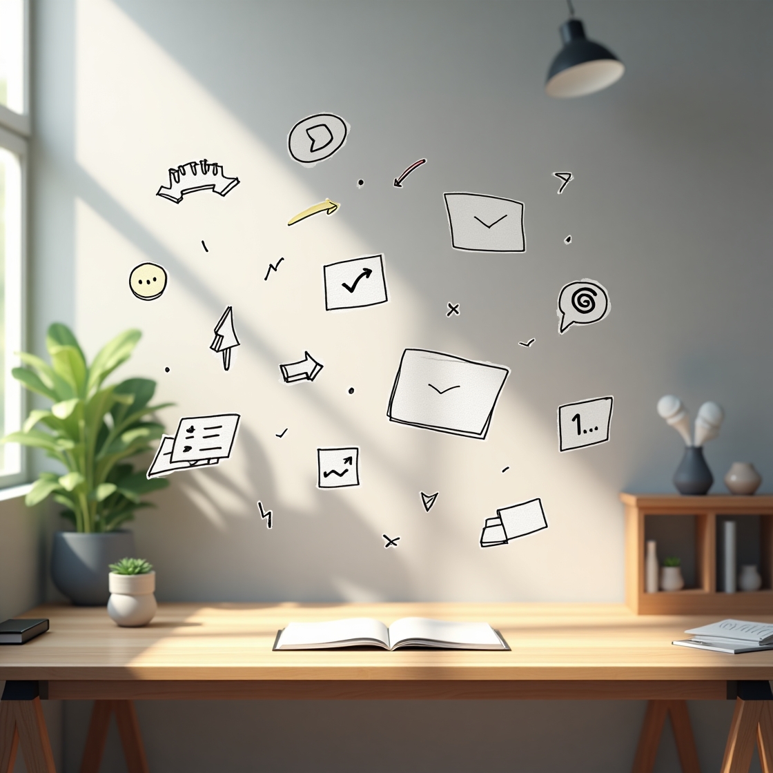 開いたノートの上に手書き風のデザインアイコンが浮かぶ明るいデスク風景