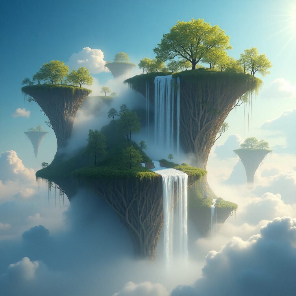 空に浮かぶ島々から滝が流れ落ち、木々が茂る幻想的なファンタジー風景