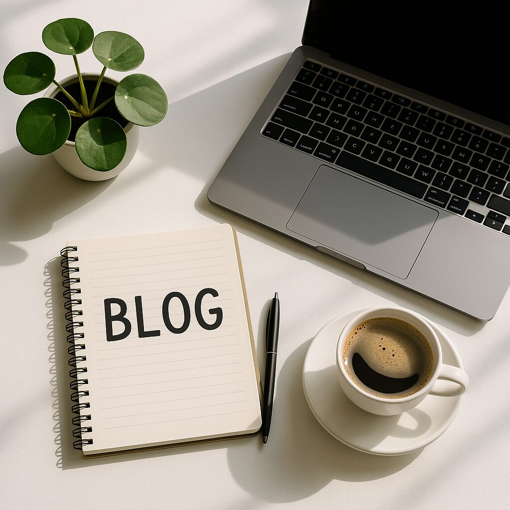 ブログ執筆中のデスク風景。ノートパソコンと「BLOG」と書かれたノート、コーヒーと観葉植物が並ぶおしゃれな作業スペース