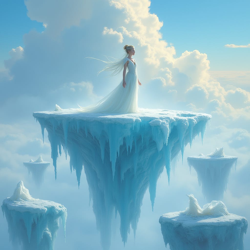 氷でできた浮遊する島に立つドレス姿の女性、幻想的な空と雲を背景にしたファンタジー風景