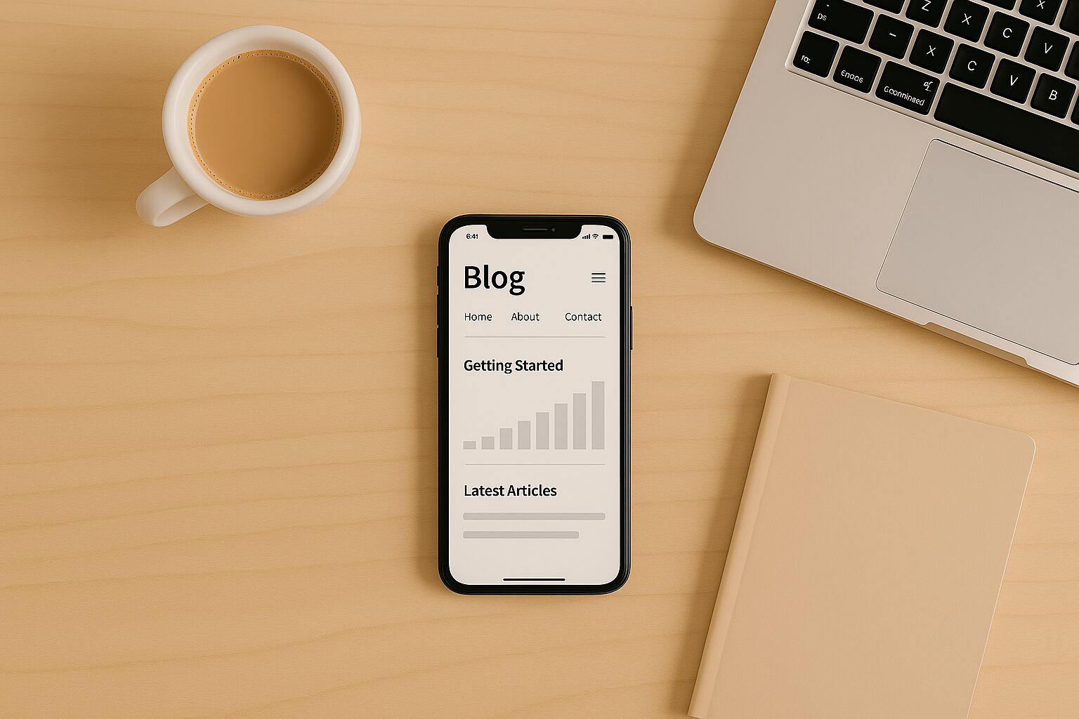 ソファにくつろぎながらスマホでブログを読むリラックスシーン。画面には「Blog」の文字とコーヒーの画像
