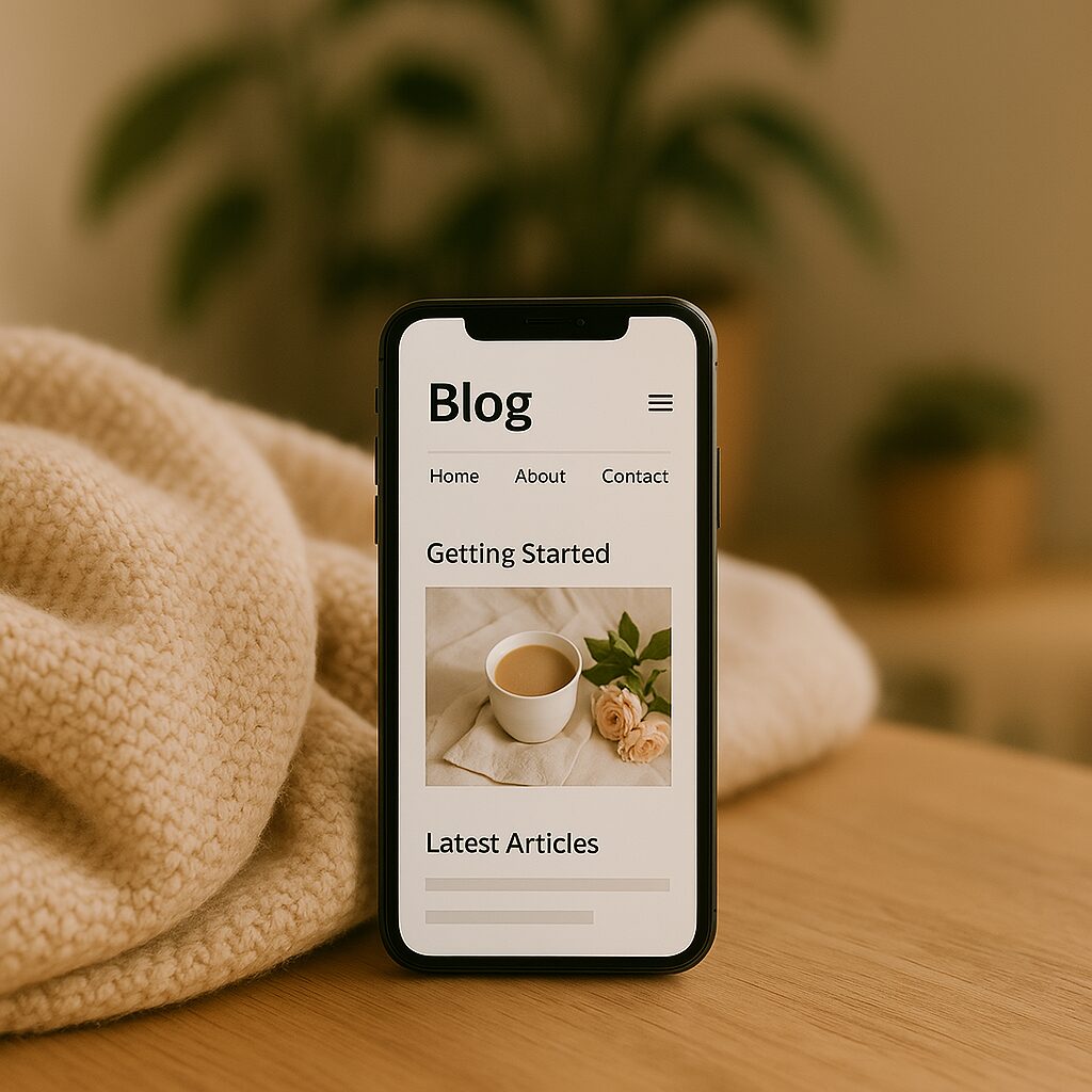 ソファにくつろぎながらスマホでブログを読むリラックスシーン。画面には「Blog」の文字とコーヒーの画像