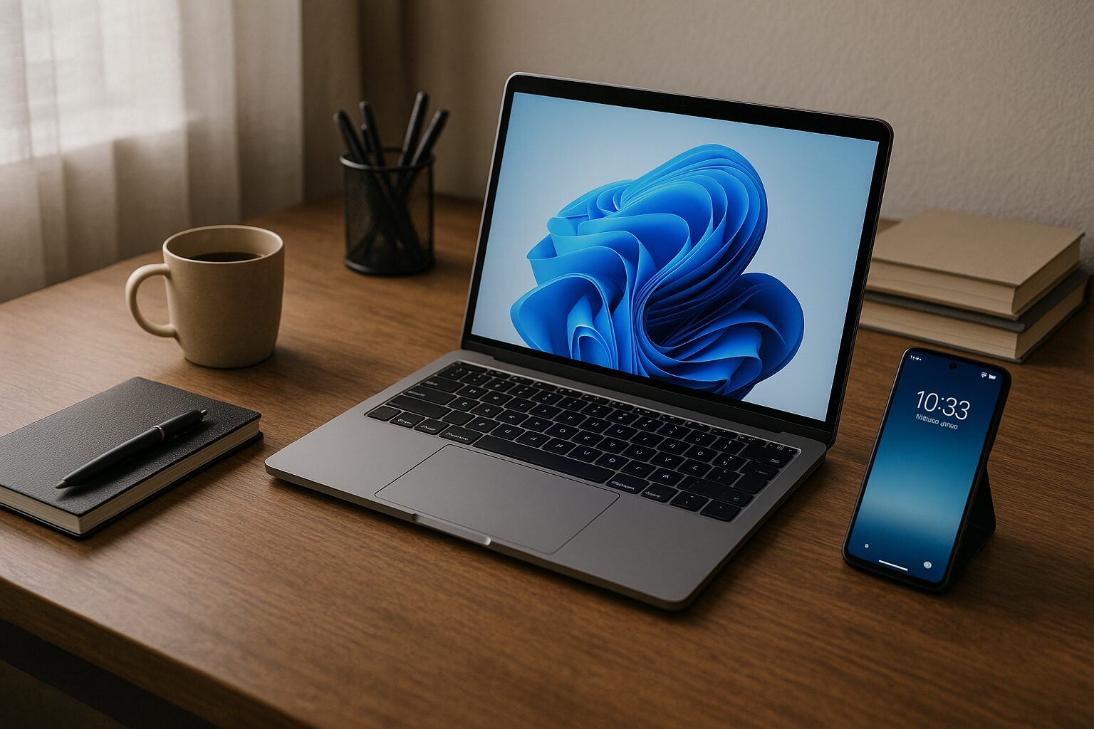 木製デスクにノートパソコンとスマホ、コーヒーカップが並ぶ落ち着いたワークスペース。背景にはレースのカーテンと観葉植物