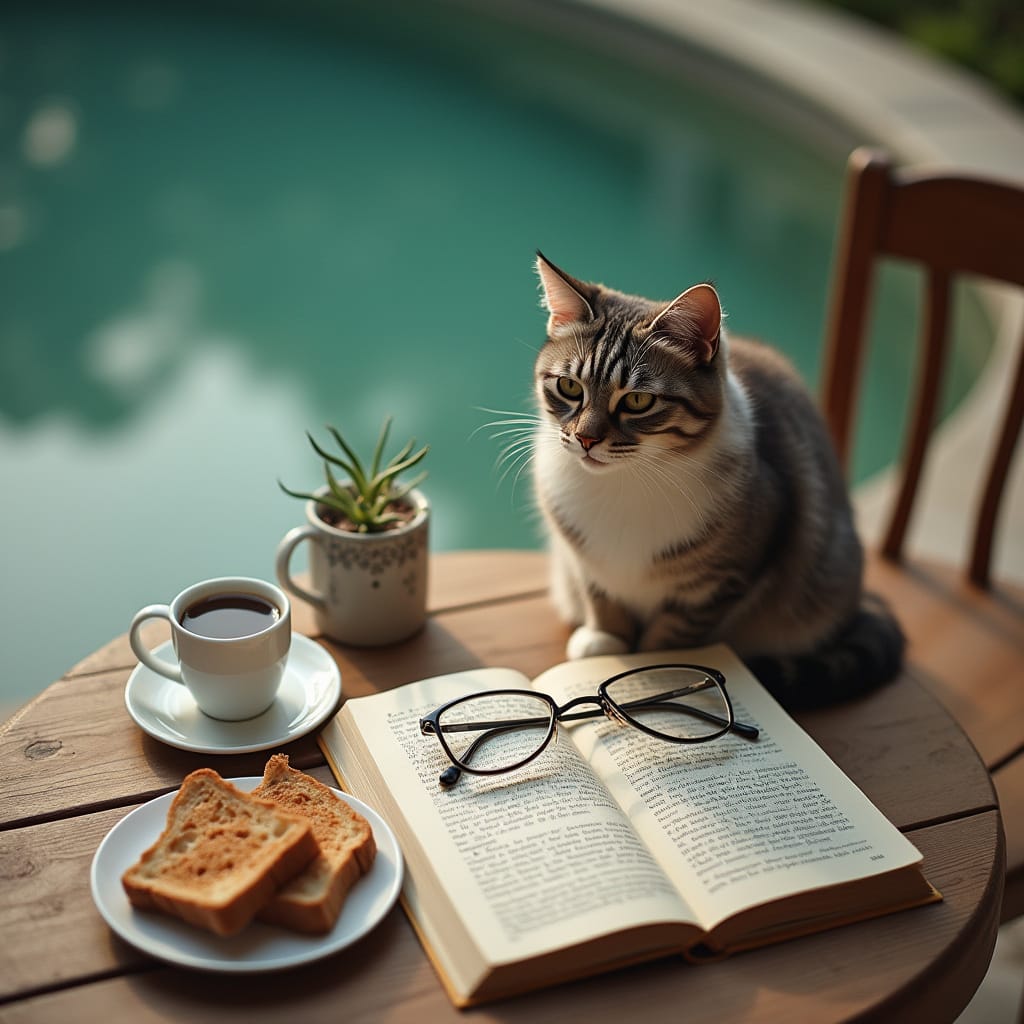 猫が朝のテーブルで本とコーヒーと一緒にくつろぐ様子。眼鏡とトーストが並び、静かな朝のひととき
