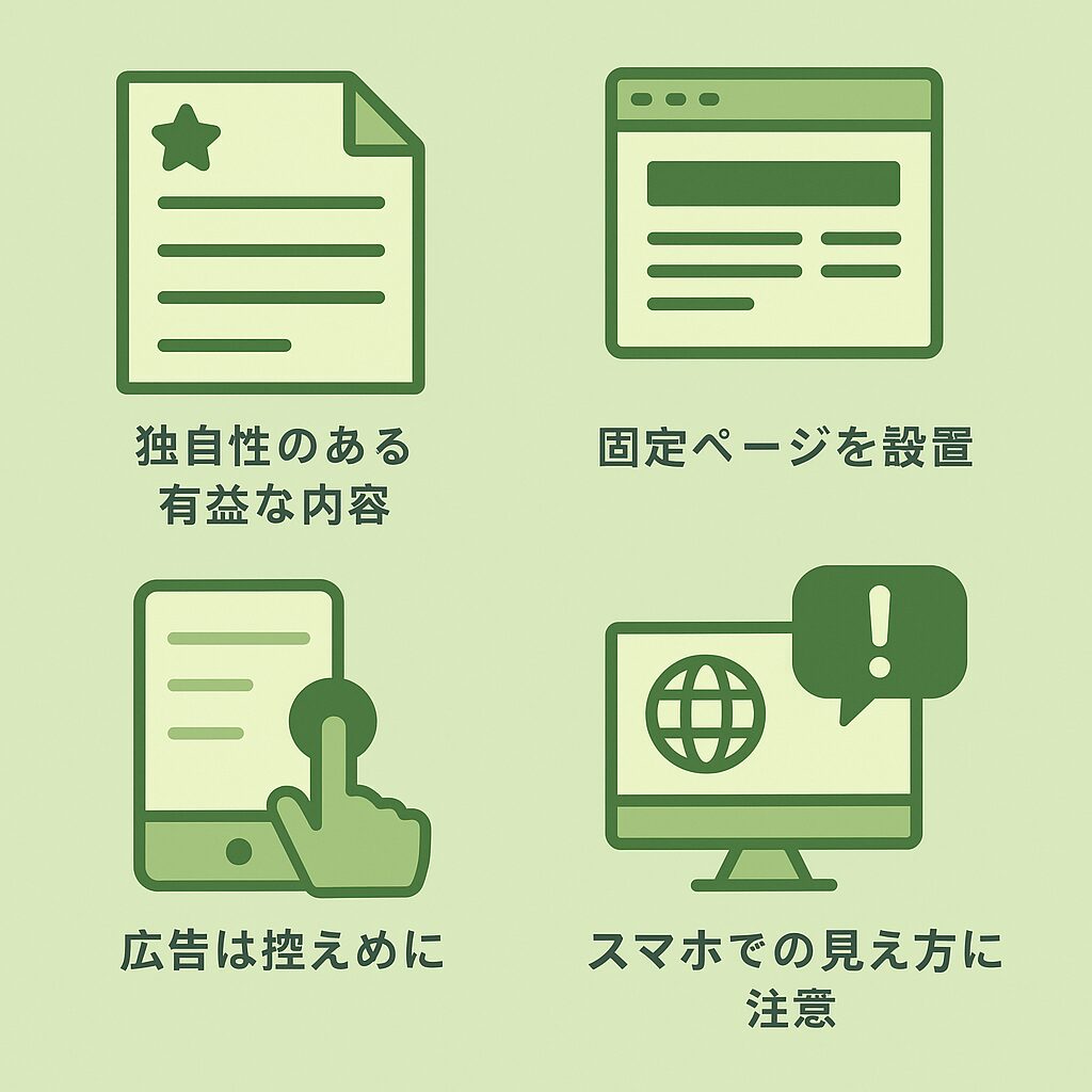 アドセンス申請前に気をつけたい4つのポイントをイラストで表現した画像。独自性のある記事、固定ページの設置、広告の控えめな配置、スマホでの見え方への注意をそれぞれアイコンで示している