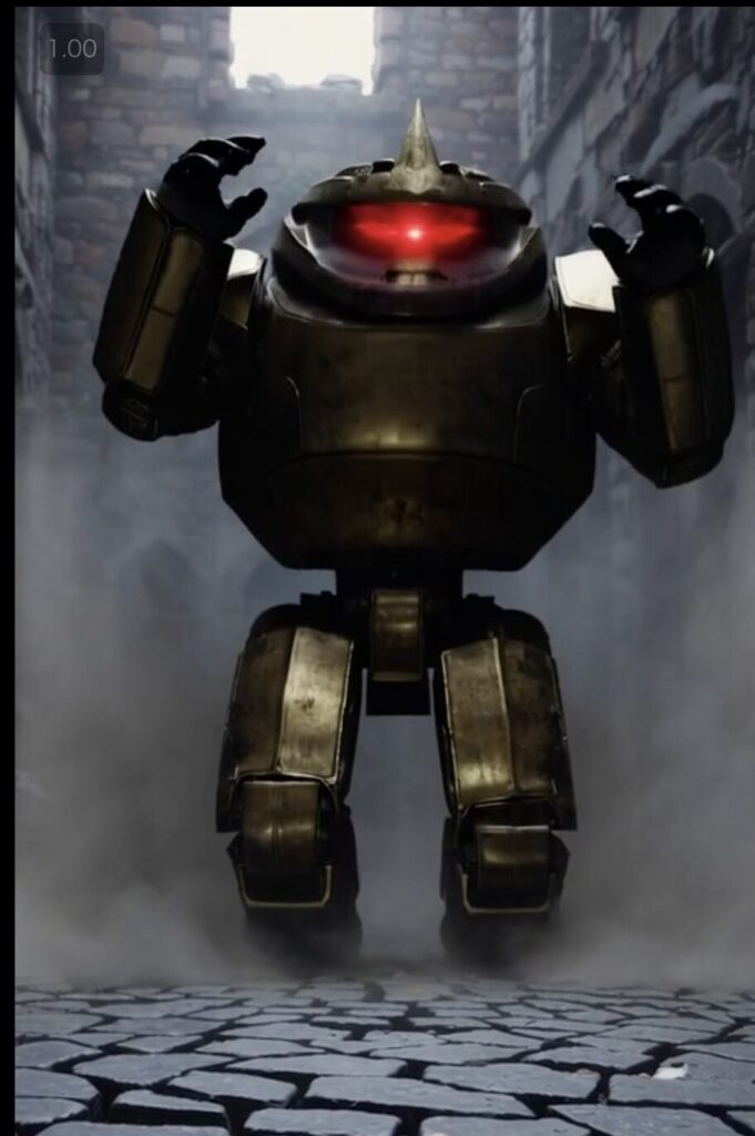 Soraで生成された金色ボディに赤いライトが光るロボット。SF映画風の無骨なデザイン