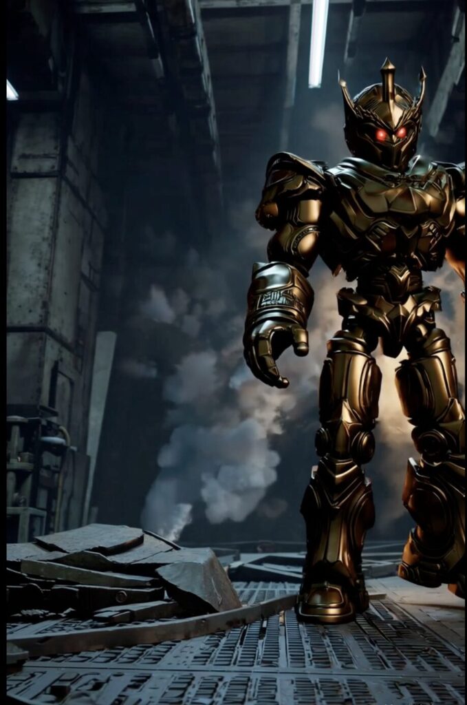 金属装甲をまとったリアル志向のロボット。背後に煙が漂い、戦場を思わせる演出