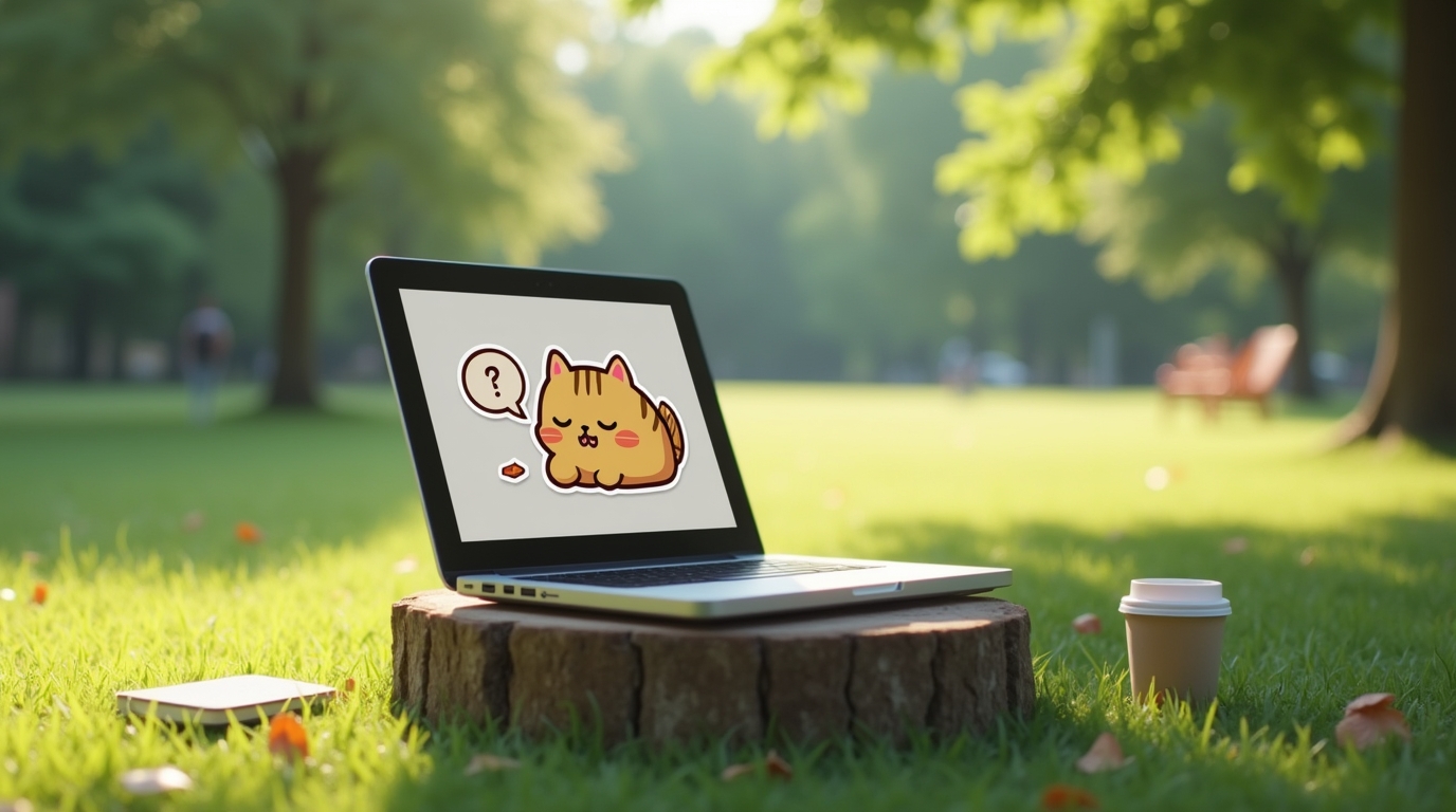 公園でノートPCの画面に眠そうな猫のLINEスタンプ画像が表示されている