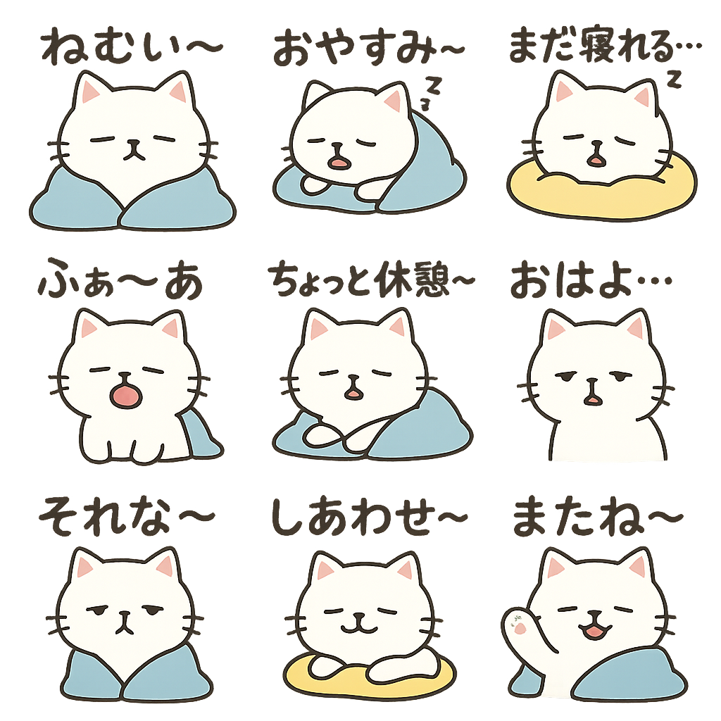 眠そうな猫のLINEスタンプ12種類。「ねむい〜」「おやすみ」「ふぁ〜あ」「しあわせ〜」などのセリフ入り。